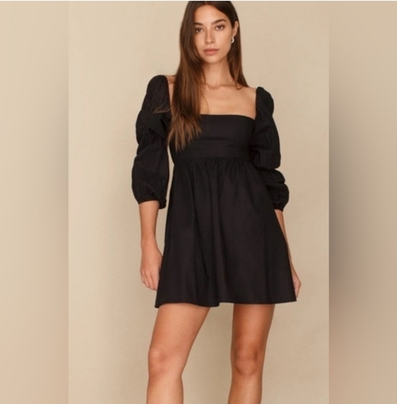 REFORMATION MICHAELA BABYDOLL MINI BLACK DRESS PUFF SLEEVES SIZE 8 - Picture 3 of 16